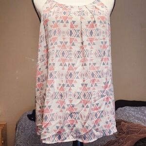 Geometric Print Sleeveless Top - Red and Blue accents. White, main color.